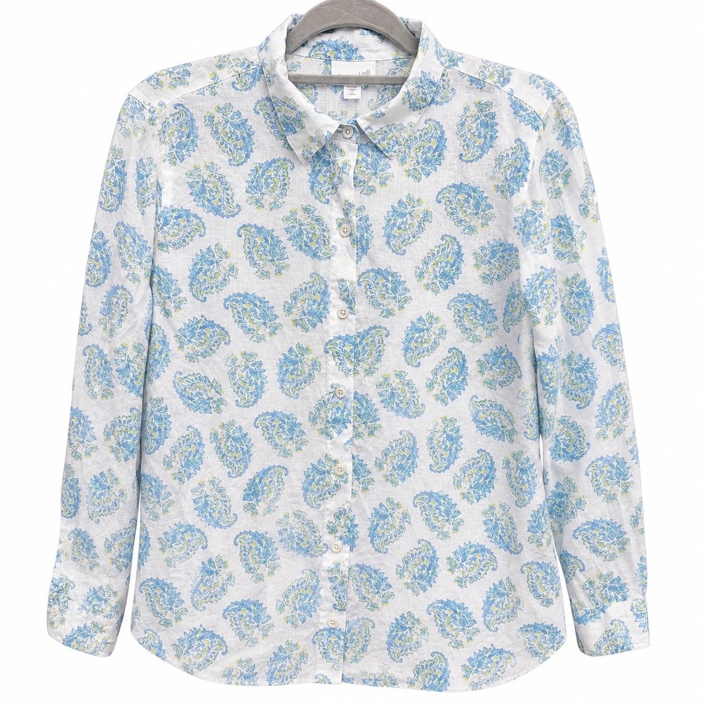 J Jill Womens Small Petite Button Down Shirt Blue Paisley Love Linen Long Sleeve